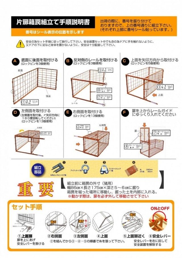 片扉箱罠組み立て手順｜株式会社三生｜イノシシ・シカ対策、くくり罠、箱罠、保定具、害獣駆除用品